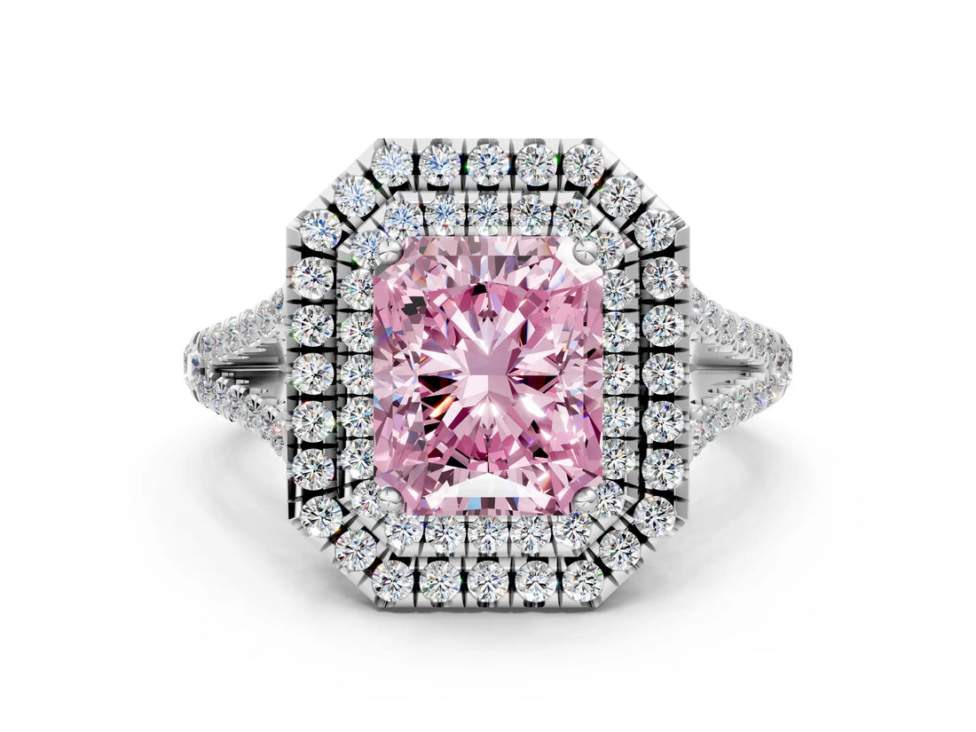 White gold Fancy Pink Radiant Cut Diamond Double Halo Ring with Pavé Band and Prong Setting_110
