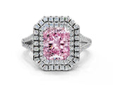 White gold Fancy Pink Radiant Cut Diamond Double Halo Ring with Pavé Band and Prong Setting_129