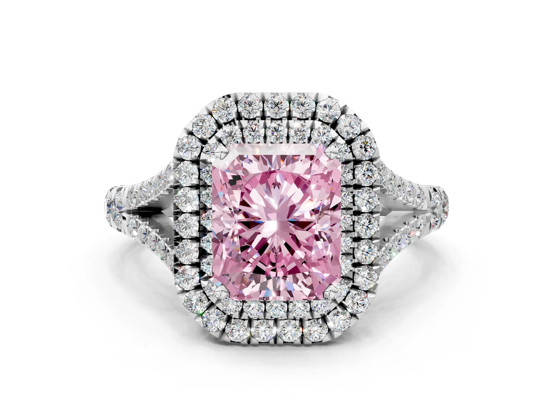 White gold Fancy Pink Radiant Cut Diamond Double Halo Ring with Split Shank and Prong Setting_27