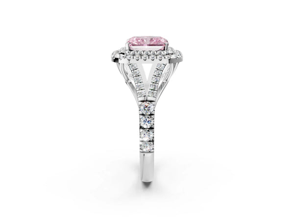 White gold Fancy Pink Radiant Cut Diamond Double Halo Ring with Split Shank and Prong Setting