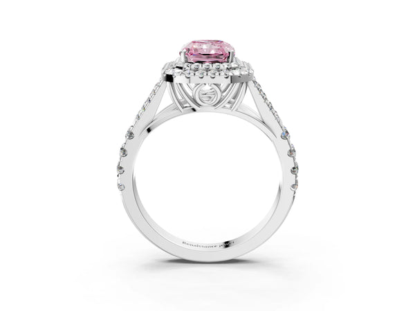 White gold Fancy Pink Radiant Cut Diamond Double Halo Ring with Split Shank and Prong Setting