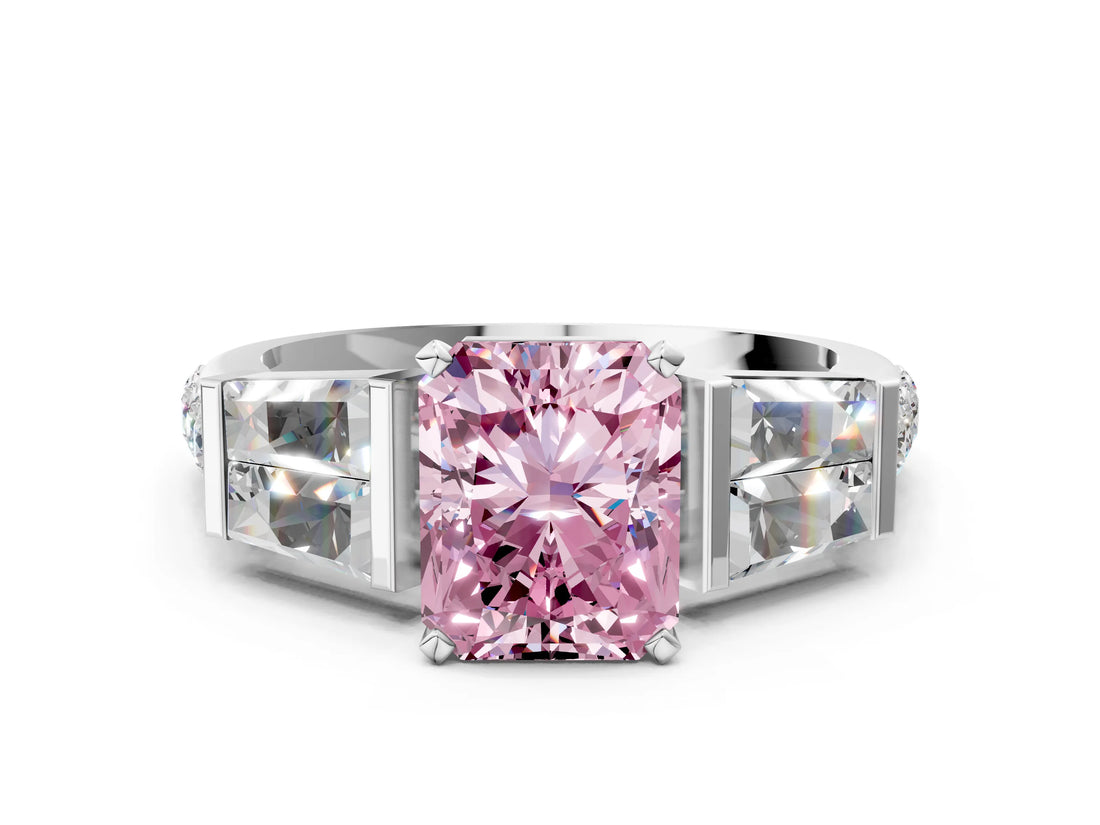 White gold Fancy Pink Radiant Cut Diamond Engagement Ring with Baguette Side Stones and Channel Set Band_20