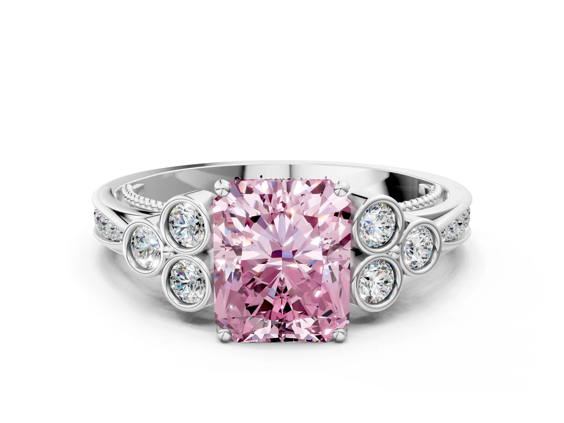 White gold Fancy Pink Radiant  Cut Diamond Engagement Ring with Bezel Set Round Side Stones and Prong Setting_48