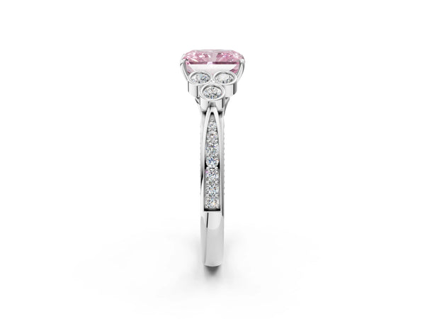 Platinum Radiant Cut Engagement Ring Setting for Fancy Pink Center with Bezel-Set Shoulder Clusters