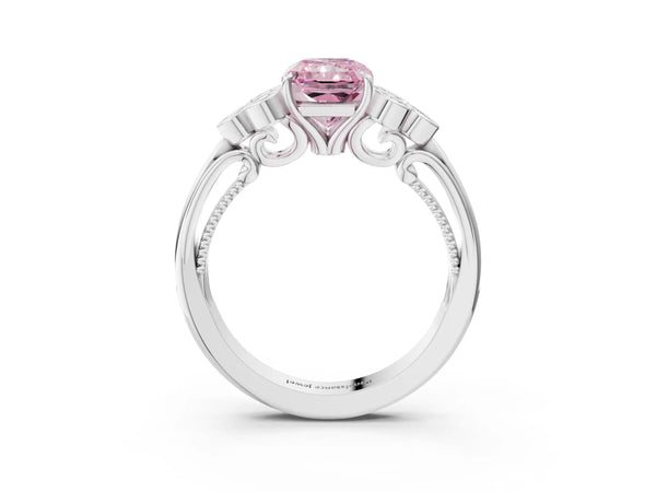 Platinum Radiant Cut Engagement Ring Setting for Fancy Pink Center with Bezel-Set Shoulder Clusters