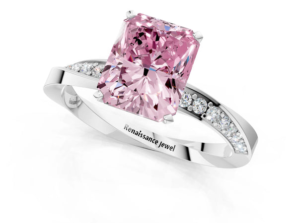 Platinum Fancy Pink Radiant Cut Diamond Engagement Ring with Side Stone Accents and Four-Prong Setting