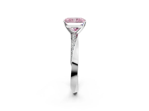 Platinum Fancy Pink Radiant Cut Diamond Engagement Ring with Side Stone Accents and Four-Prong Setting