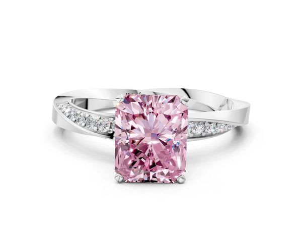 Platinum Fancy Pink Radiant Cut Diamond Engagement Ring with Side Stone Accents and Four-Prong Setting