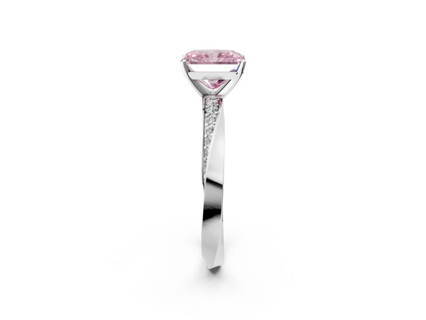 Platinum Fancy Pink Radiant Cut Diamond Engagement Ring with Side Stone Accents and Four-Prong Setting