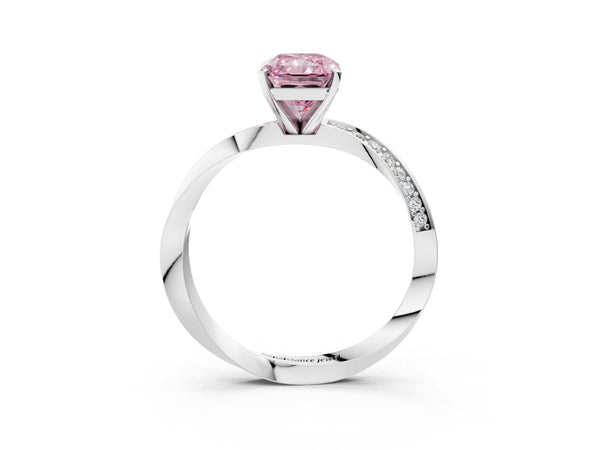 Platinum Fancy Pink Radiant Cut Diamond Engagement Ring with Side Stone Accents and Four-Prong Setting