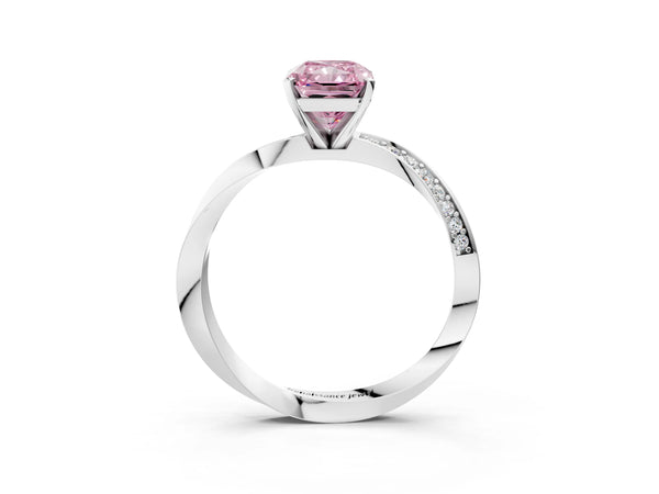 Platinum Fancy Pink Radiant Cut Diamond Engagement Ring with Side Stone Accents and Four-Prong Setting
