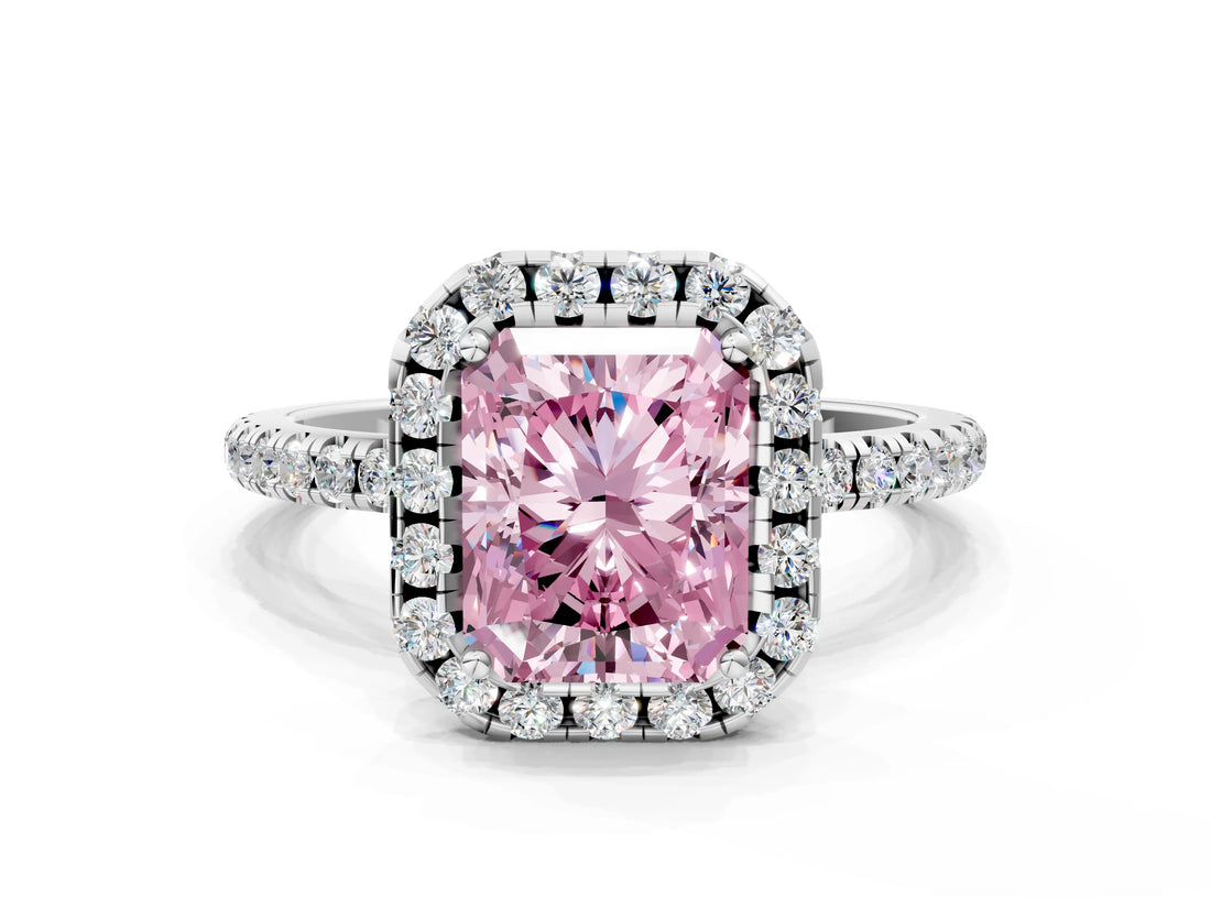 White gold Fancy Pink Radiant  Cut Diamond Floral Halo Engagement Ring with Pavé Band and Prong Setting_49