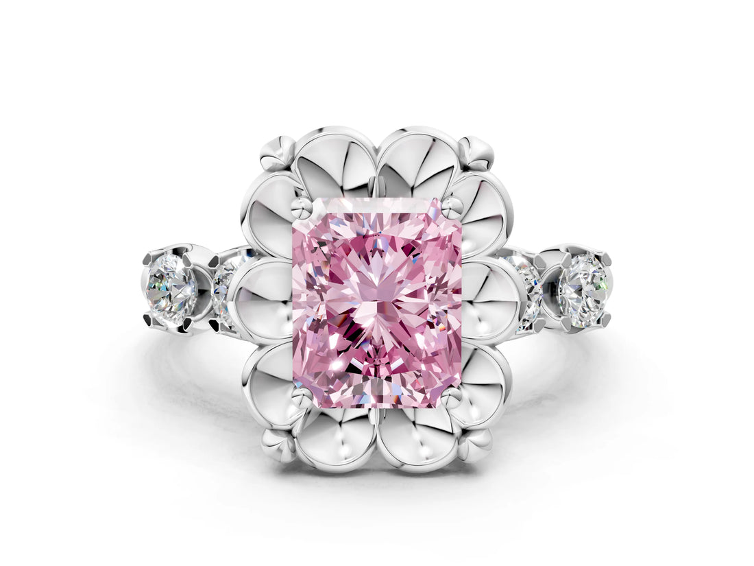 White gold Fancy Pink Radiant  Cut Diamond Floral Halo Engagement Ring with Shared Prong Setting 1