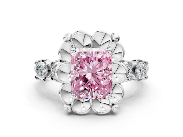 White gold Fancy Pink Radiant  Cut Diamond Floral Halo Engagement Ring with Shared Prong Setting