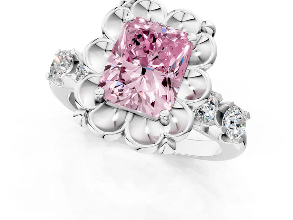 White gold Fancy Pink Radiant  Cut Diamond Floral Halo Engagement Ring with Shared Prong Setting