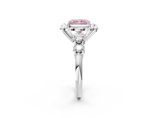 White gold Fancy Pink Radiant  Cut Diamond Floral Halo Engagement Ring with Shared Prong Setting