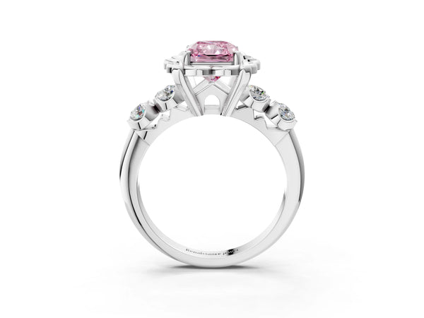 White gold Fancy Pink Radiant  Cut Diamond Floral Halo Engagement Ring with Shared Prong Setting