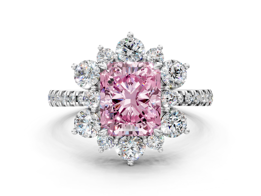 White gold Fancy Pink Radiant  Cut Diamond Floral Halo Pave Band with Prong Setting_37