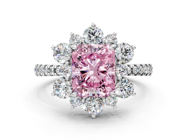 White gold Fancy Pink Radiant  Cut Diamond Floral Halo Pave Band with Prong Setting