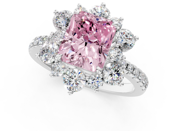 White gold Fancy Pink Radiant  Cut Diamond Floral Halo Pave Band with Prong Setting