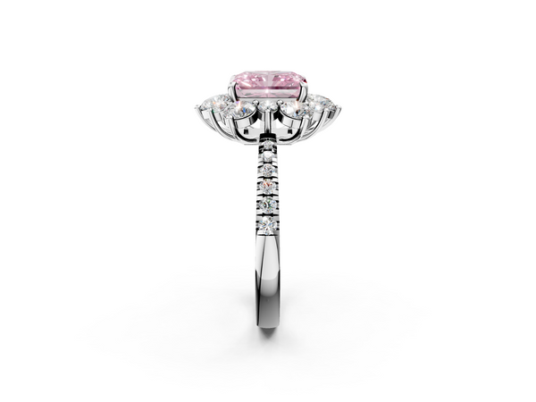 White gold Fancy Pink Radiant  Cut Diamond Floral Halo Pave Band with Prong Setting
