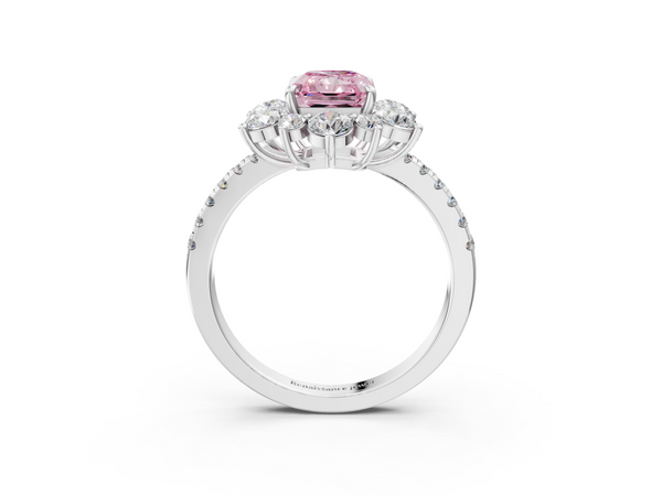 White gold Fancy Pink Radiant  Cut Diamond Floral Halo Pave Band with Prong Setting