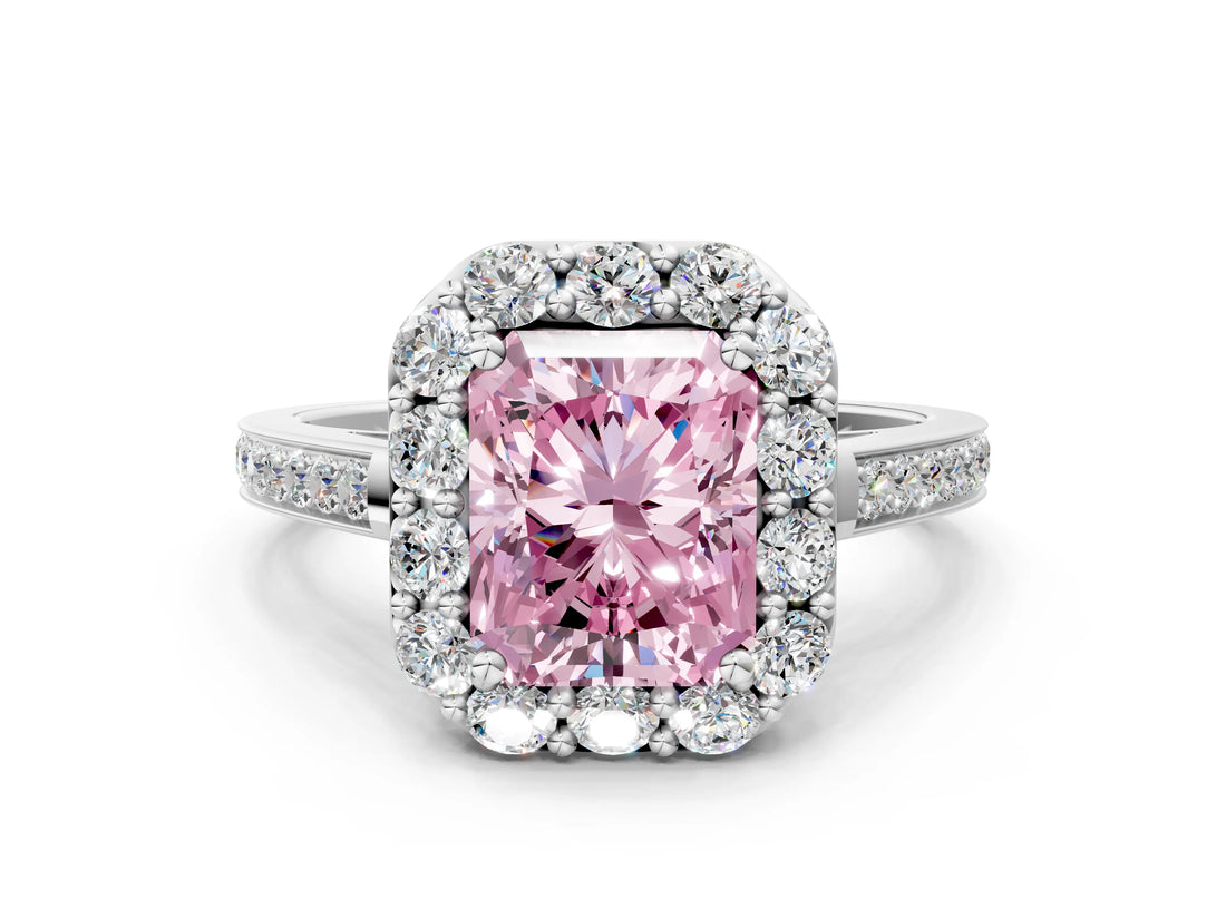 White gold Fancy Pink Radiant Cut Diamond Floral Halo Ring with Pavé Band and Prong Setting_7