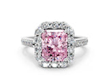 White gold Fancy Pink Radiant Cut Diamond Floral Halo Ring with Pavé Band and Prong Setting_7