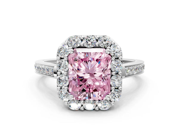 White gold Fancy Pink Radiant Cut Diamond Floral Halo Ring with Pavé Band and Prong Setting