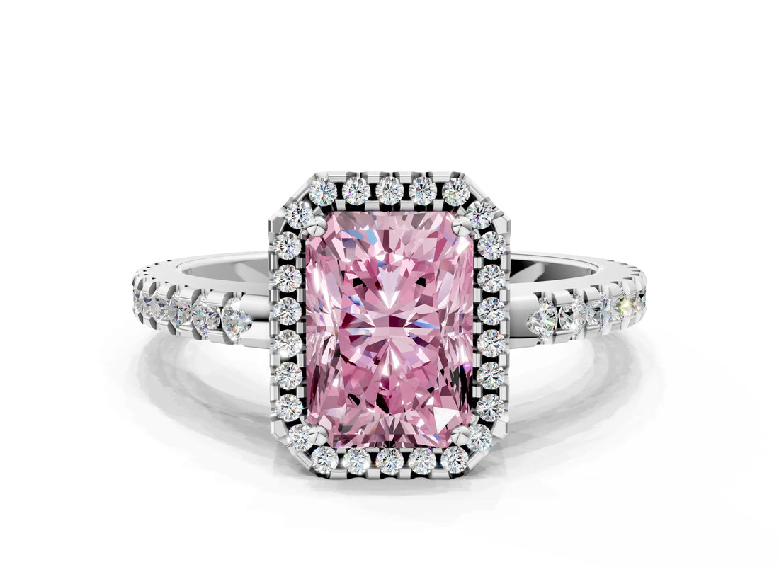 White gold Fancy Pink Radiant Cut Diamond Halo Engagement Ring with Pavé Band and Prong Setting_39