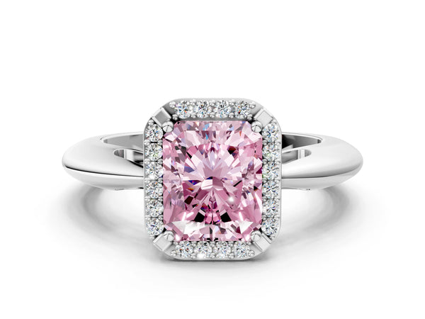 White gold Fancy Pink Radiant  Cut Diamond Halo Engagement Ring with Split Shank and Four-Prong Setting