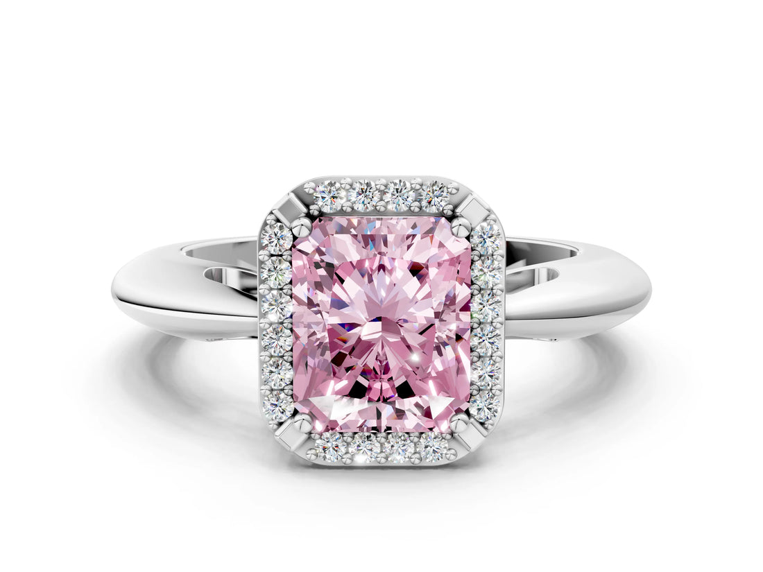 White gold Fancy Pink Radiant  Cut Diamond Halo Engagement Ring with Split Shank and Four-Prong Setting_90