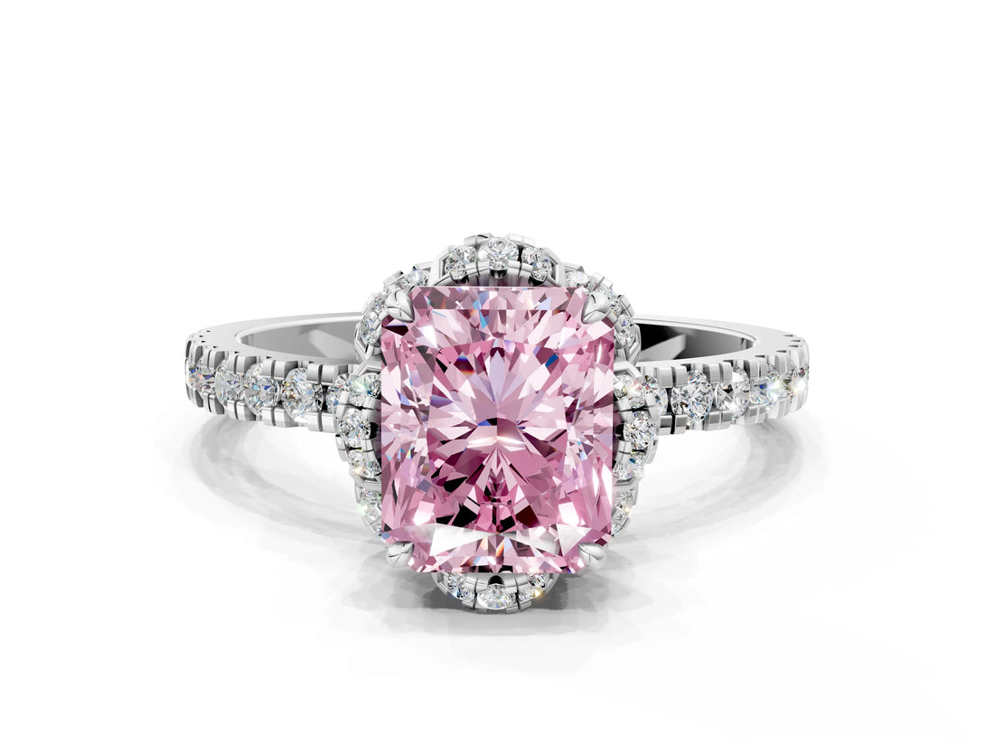 White gold Fancy Pink Radiant Cut Diamond Halo Pave Band with Four-Prong Setting_3