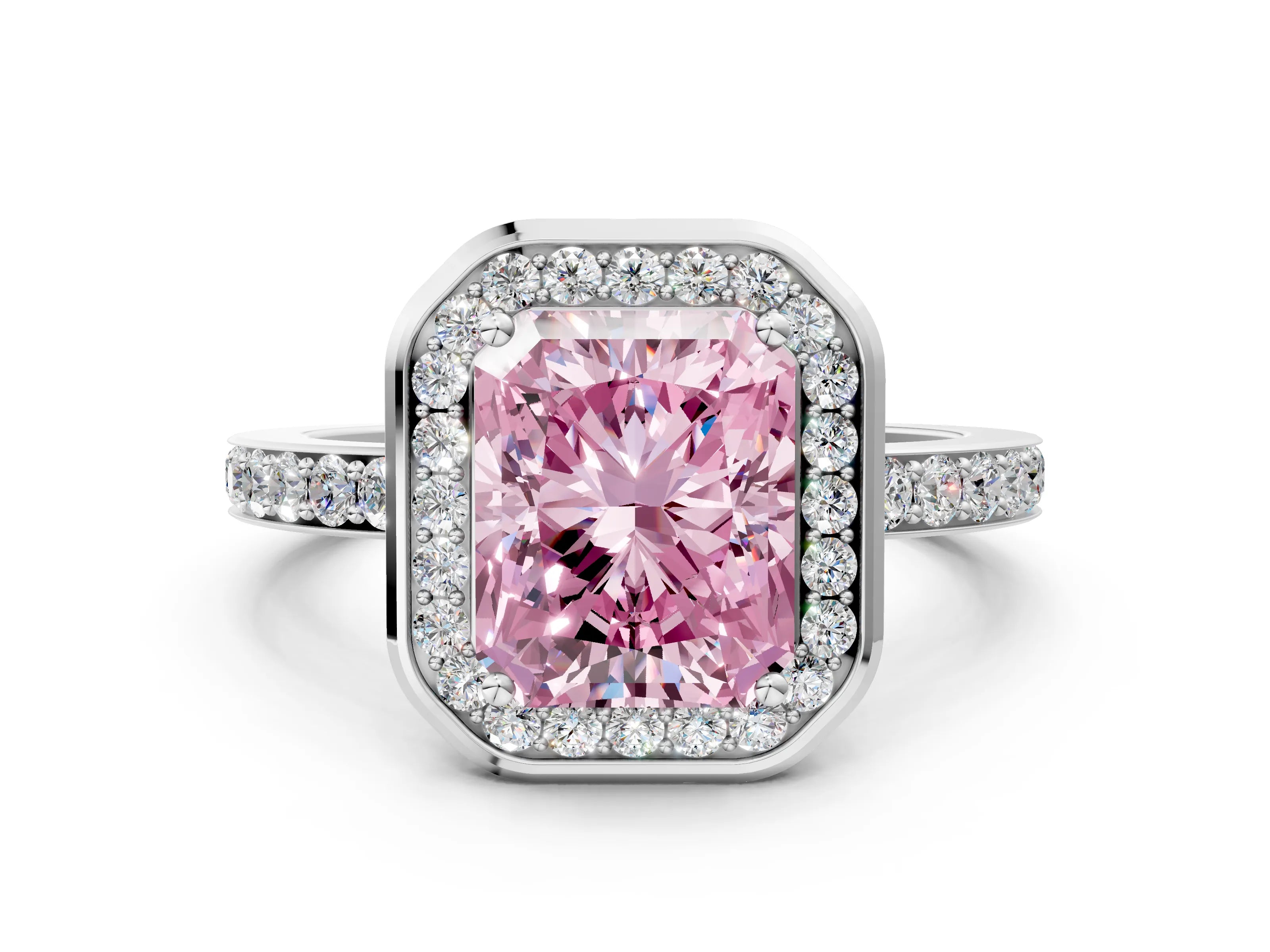 White gold Fancy Pink Radiant Cut Diamond Halo Ring with Bezel Frame and Pavé Band