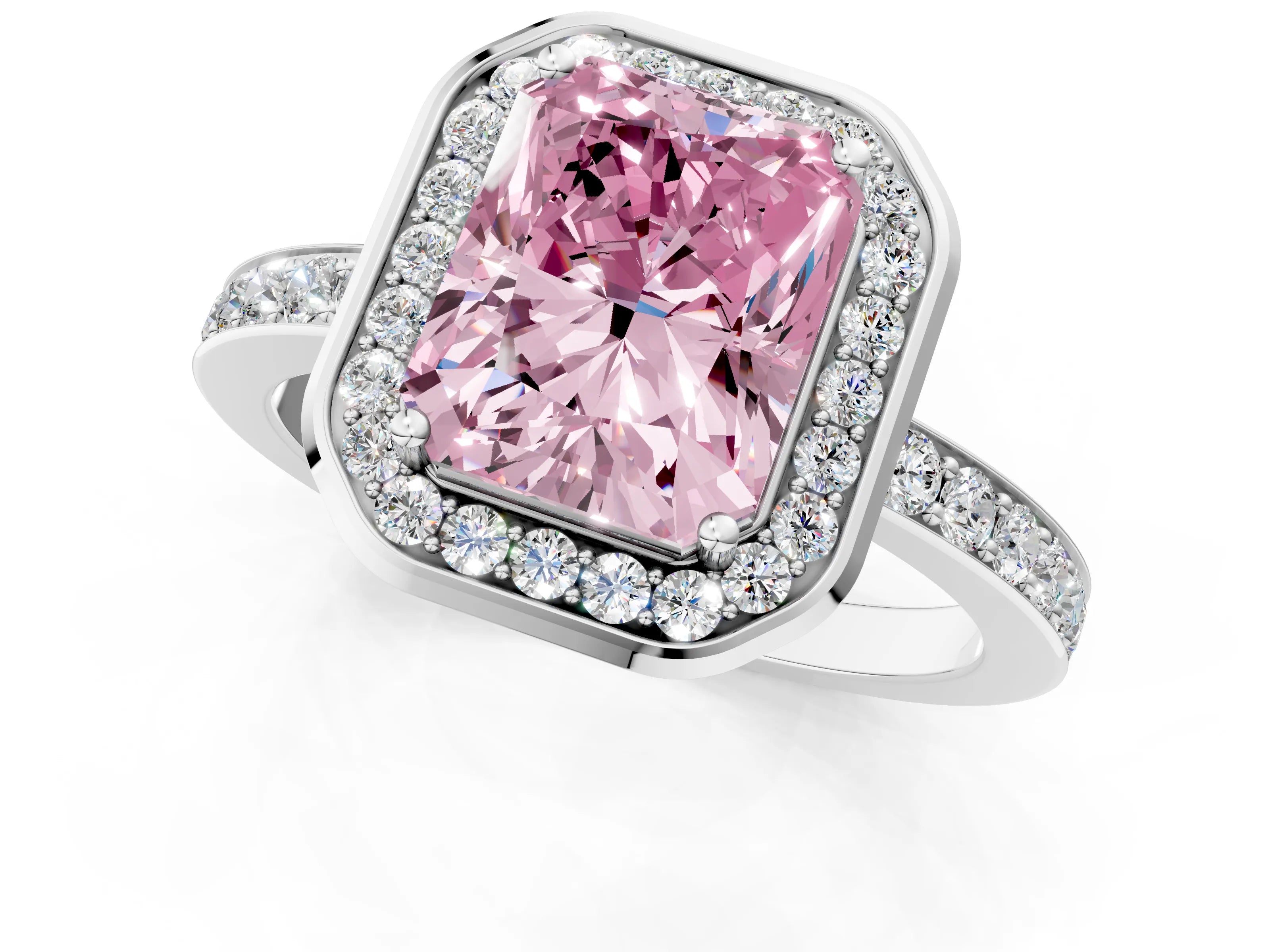 White gold Fancy Pink Radiant Cut Diamond Halo Ring with Bezel Frame and Pavé Band_1