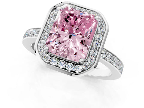 White gold Fancy Pink Radiant Cut Diamond Halo Ring with Bezel Frame and Pavé Band_1