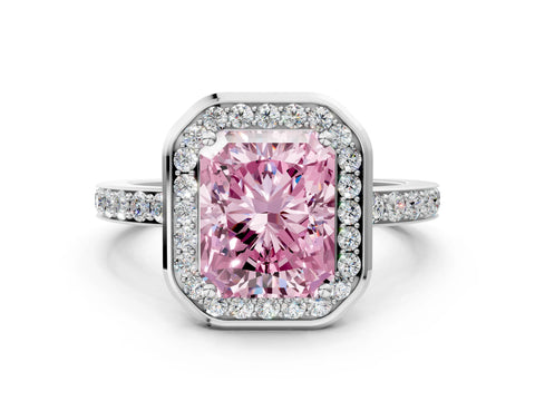 White gold Fancy Pink Radiant Cut Diamond Halo Ring with Bezel Frame and Pavé Band