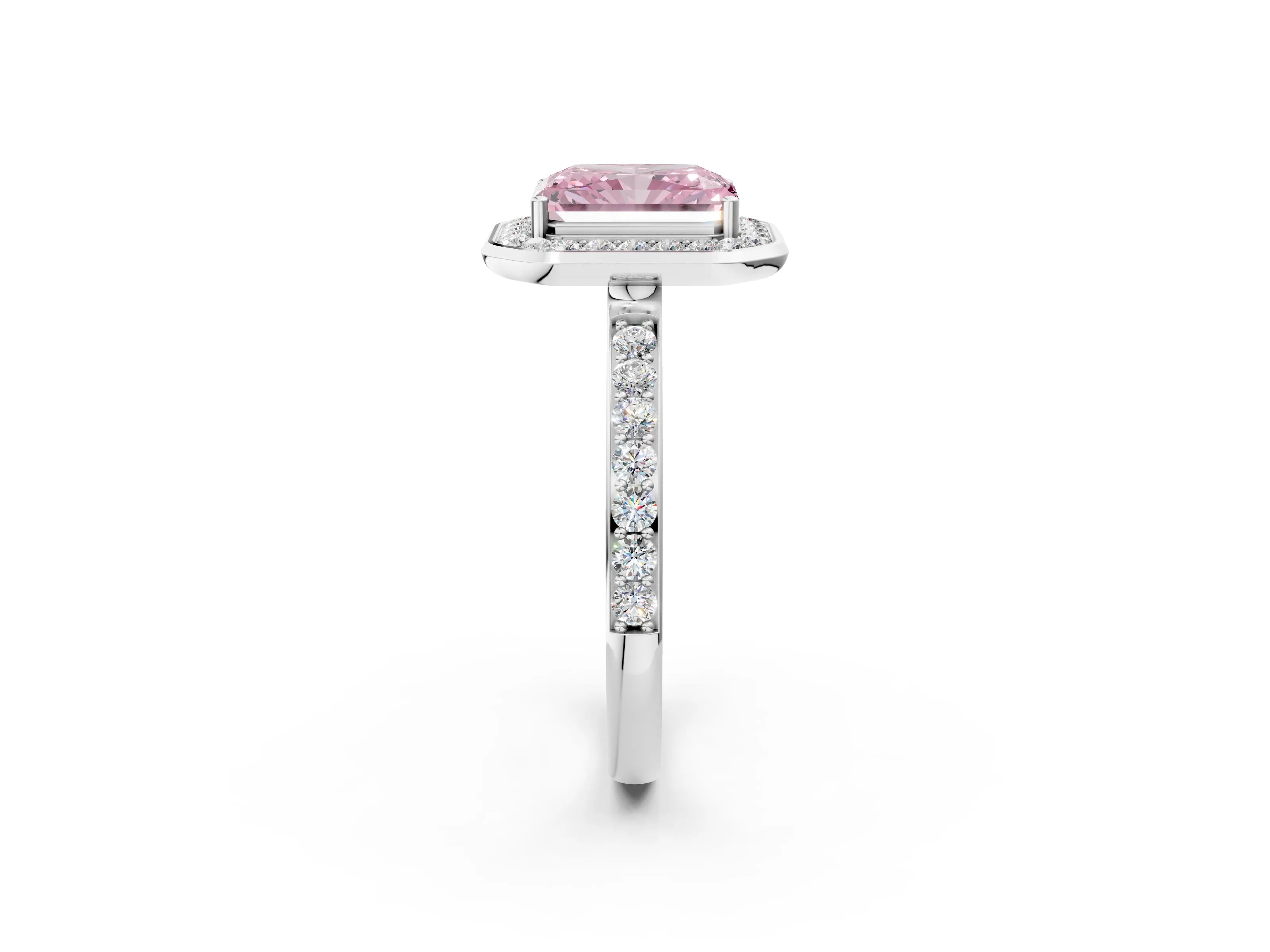White gold Fancy Pink Radiant Cut Diamond Halo Ring with Bezel Frame and Pavé Band_2