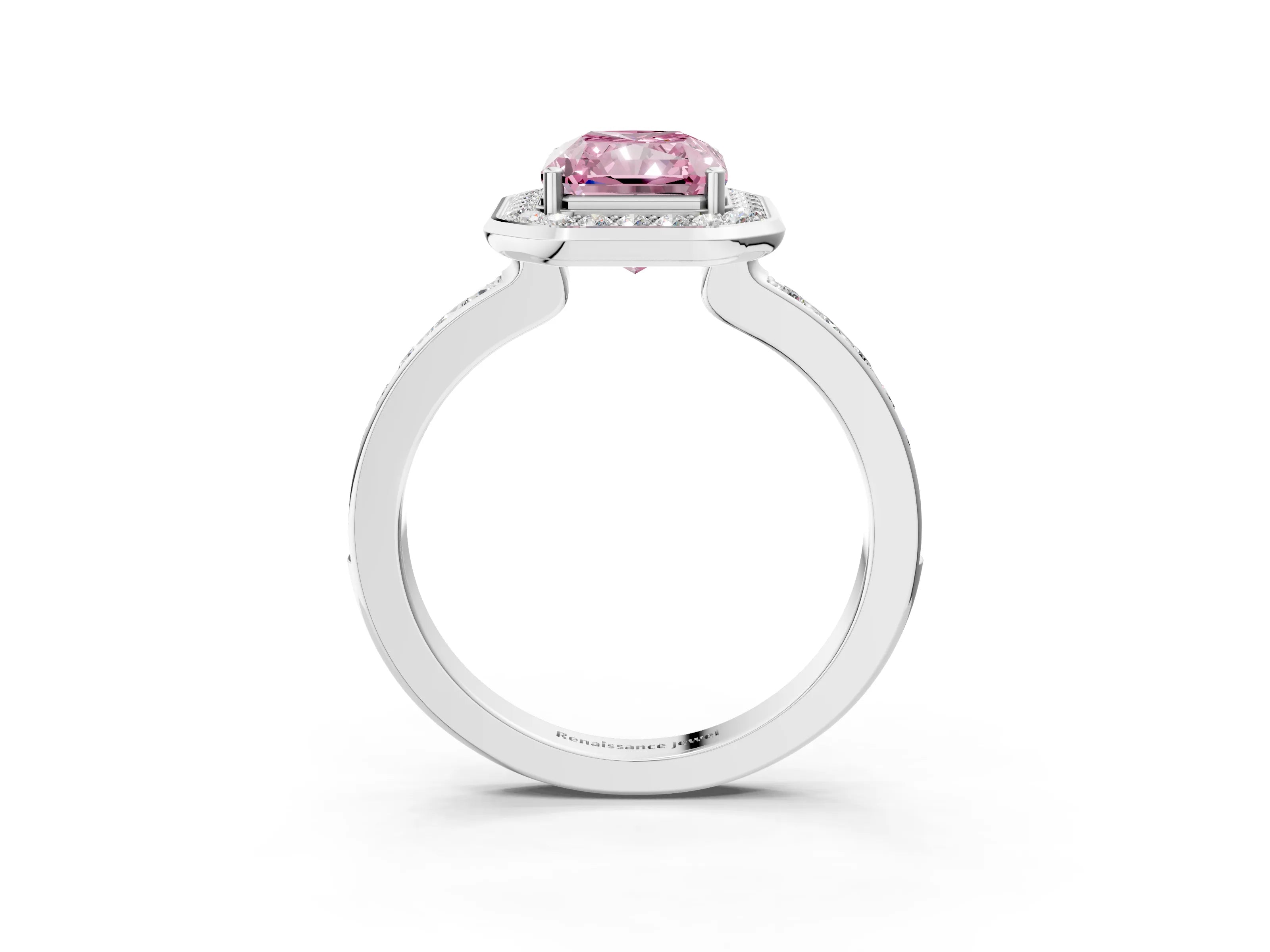 White gold Fancy Pink Radiant Cut Diamond Halo Ring with Bezel Frame and Pavé Band_3