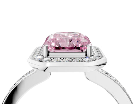 White gold Fancy Pink Radiant Cut Diamond Halo Ring with Bezel Frame and Pavé Band_4
