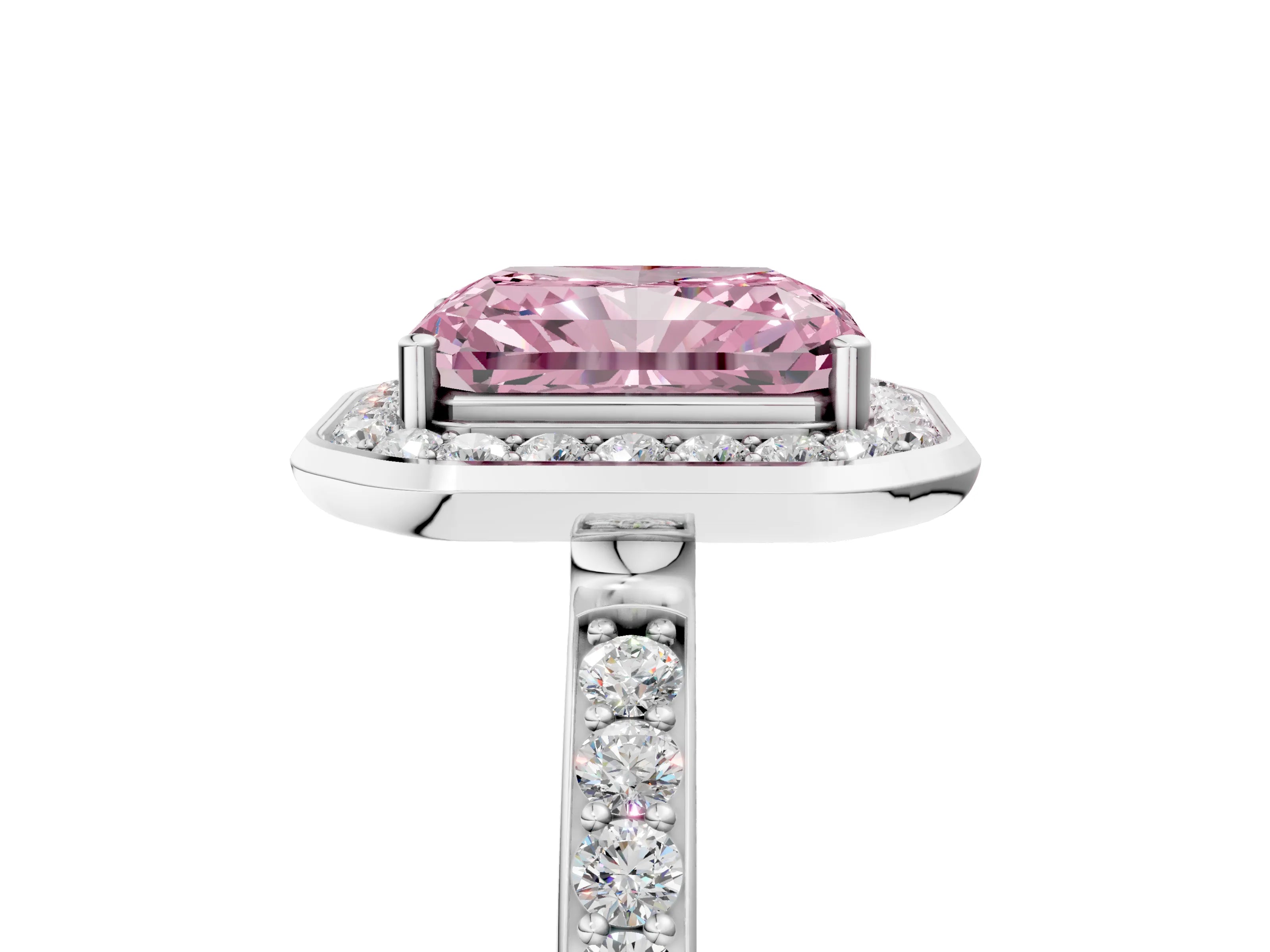 White gold Fancy Pink Radiant Cut Diamond Halo Ring with Bezel Frame and Pavé Band_5