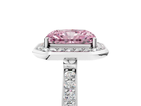 White gold Fancy Pink Radiant Cut Diamond Halo Ring with Bezel Frame and Pavé Band_5