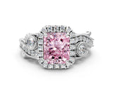 White gold Fancy Pink Radiant Cut Diamond Halo Ring with Milgrain Pavé Band and Four-Prong Setting_66