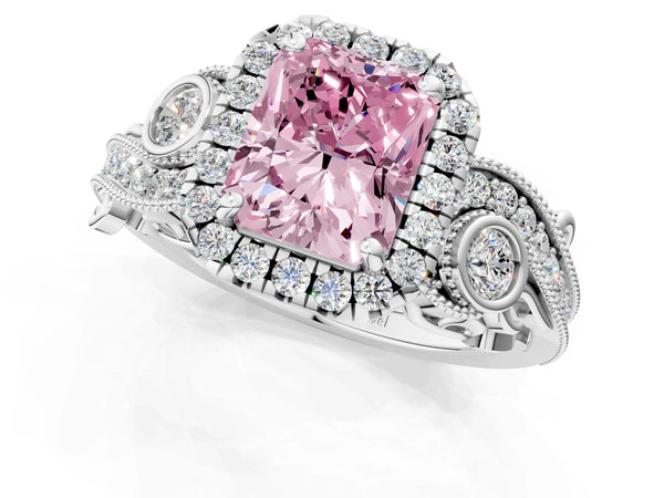 White gold Fancy Pink Radiant Cut Diamond Halo Ring with Milgrain Pavé Band and Four-Prong Setting