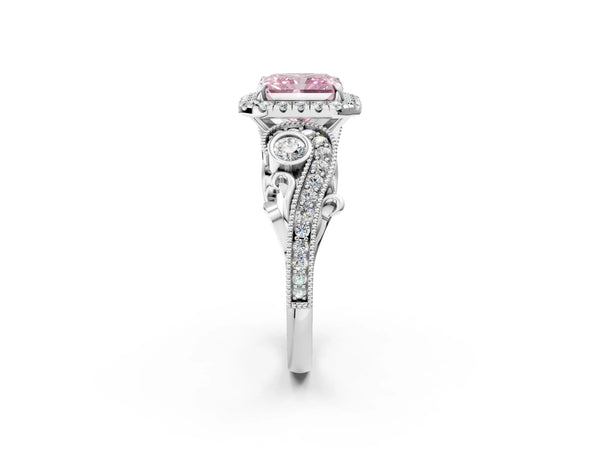 White gold Fancy Pink Radiant Cut Diamond Halo Ring with Milgrain Pavé Band and Four-Prong Setting