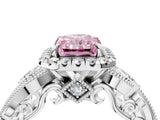 White gold Fancy Pink Radiant Cut Diamond Halo Ring with Milgrain Pavé Band and Four-Prong Setting_69