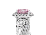 White gold Fancy Pink Radiant Cut Diamond Halo Ring with Milgrain Pavé Band and Four-Prong Setting_71