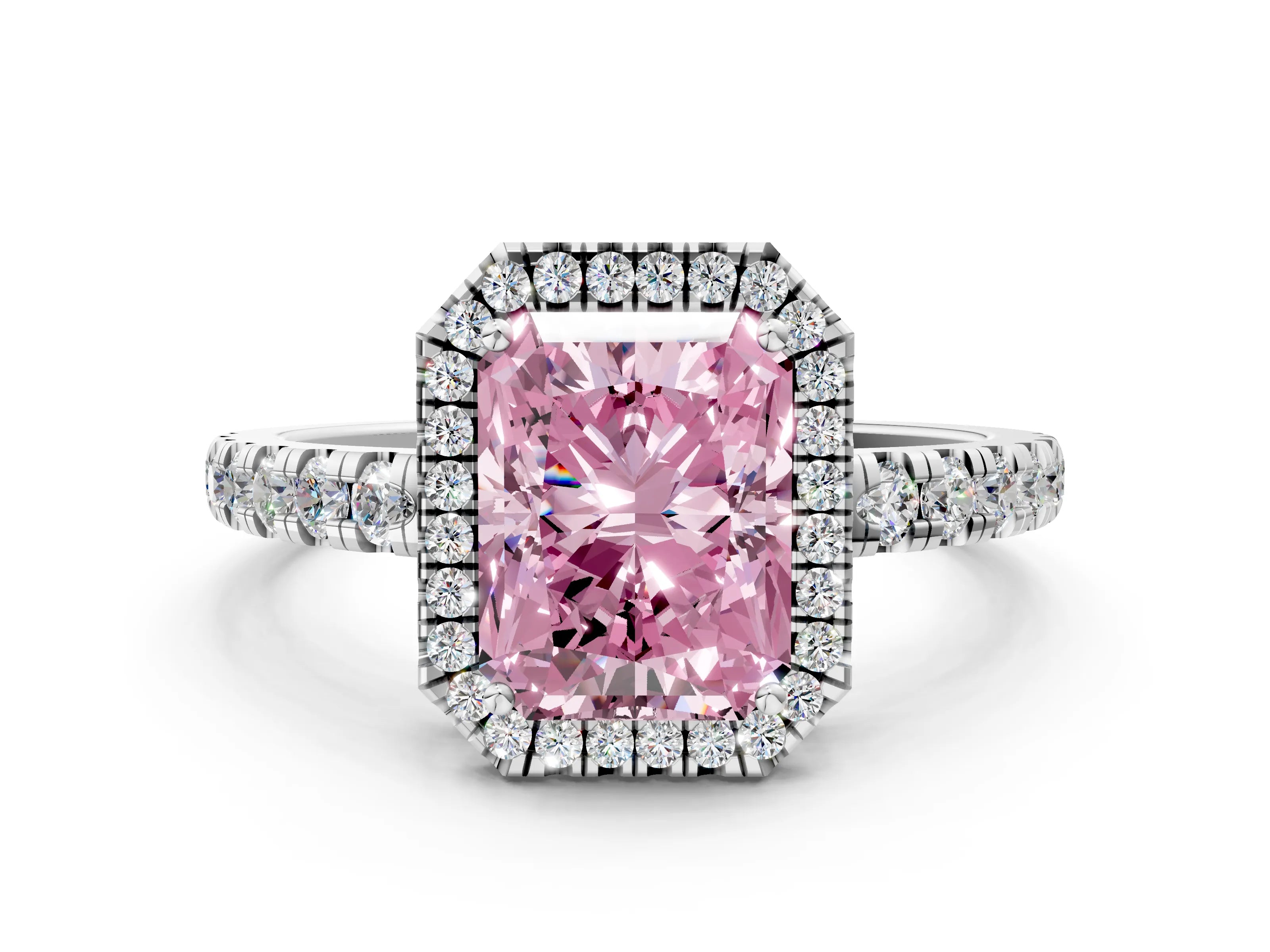 White gold Fancy Pink Radiant Cut Diamond Halo Ring with Pavé Band and Four-Prong Setting