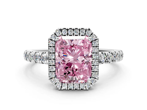 White gold Fancy Pink Radiant Cut Diamond Halo Ring with Pavé Band and Four-Prong Setting_12