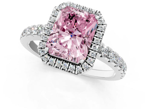 White gold Fancy Pink Radiant Cut Diamond Halo Ring with Pavé Band and Four-Prong Setting_13